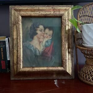 Moody 8x10 Gold Wood Inlay Scoop Edge Picture Frame Madonna Mother Baby Vintage